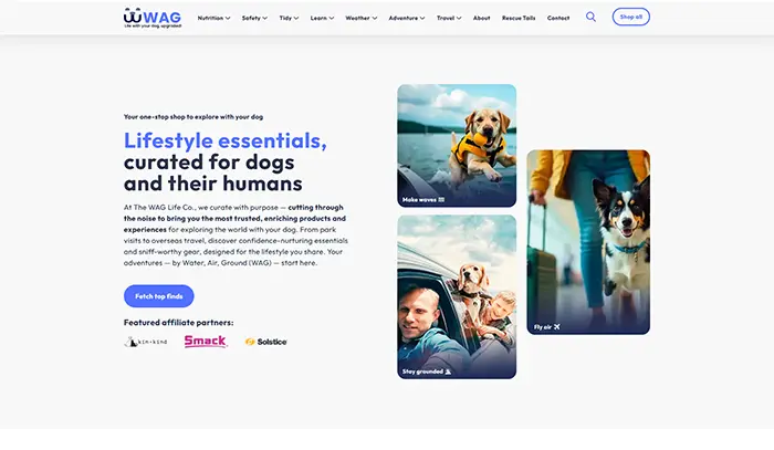 Captura de imagen de una sección del sitio The Wag Life Co